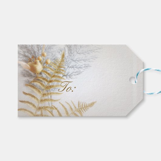 Elegant goud en zilveren vogel en bladeren feestel cadeaulabel (Voorkant (Horizontaal))