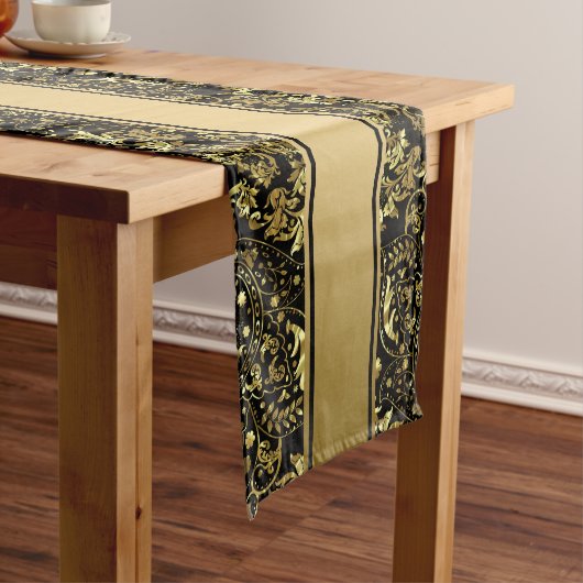 Elegant goud en zwart bloemenkant & strepen lange tafelloper (Voorbeeld)