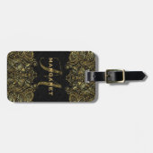 Elegant goud en zwart bloemmotief kant bagagelabel (Voorkant horizontaal)