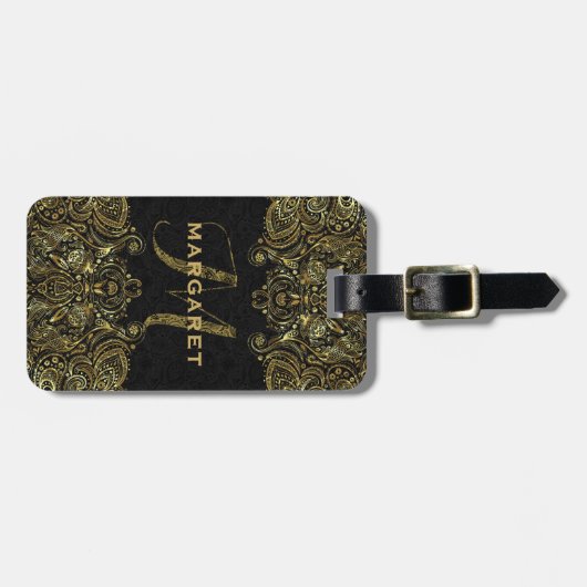 Elegant goud en zwart bloemmotief kant bagagelabel (Voorkant horizontaal)