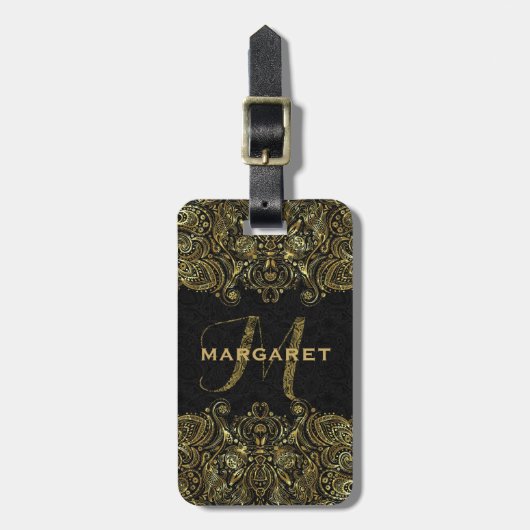Elegant goud en zwart bloemmotief kant bagagelabel (Voorkant verticaal)
