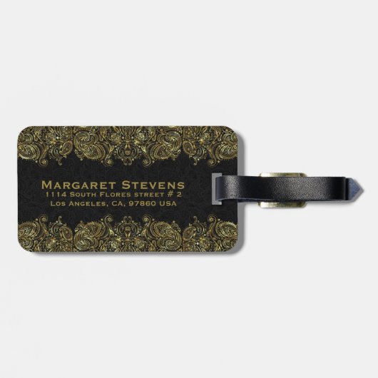 Elegant goud en zwart bloemmotief kant bagagelabel (Achterkant horizontaal)