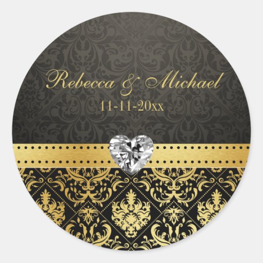 Elegant goud en zwart damast met diamanten hart ronde sticker (Voorkant)