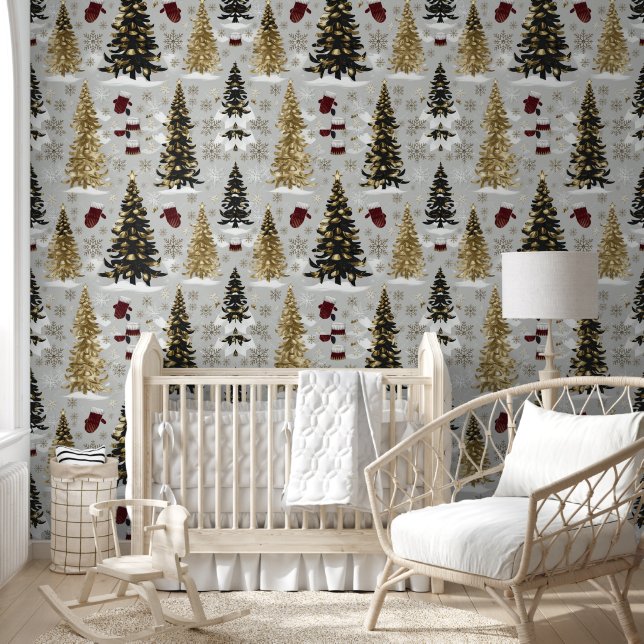 Elegant goud en zwart kerstpatroon - Feestelijk Behang (Kinderen)