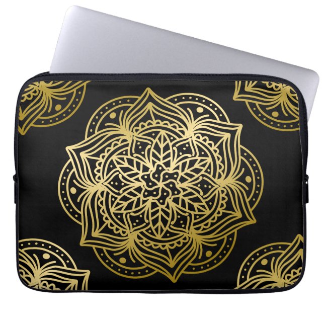 Elegant goud en zwart mandala patroon laptop sleeve (Voorkant)