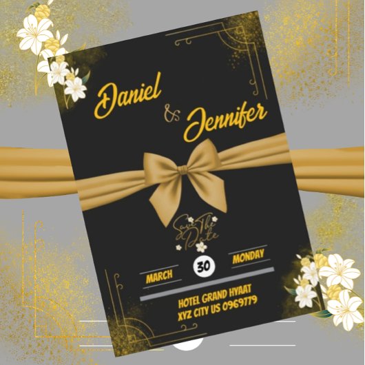 Elegant goud en zwart met witte bloemen bruiloft save the date