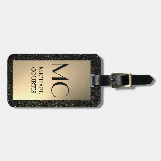 Elegant Goud en zwart Metallic Monogrammed Naam Bagagelabel (Voorkant horizontaal)