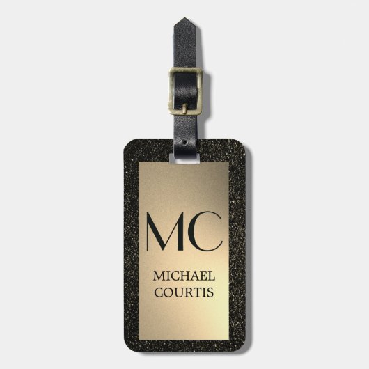 Elegant Goud en zwart Metallic Monogrammed Naam Bagagelabel (Voorkant verticaal)