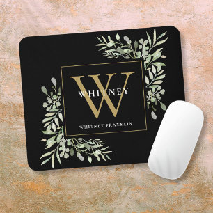 Elegant goud en zwart monogram groen bloemmotief muismat