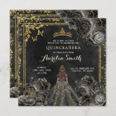 Elegant Goud en Zwart Rozen Prinses Quinceañera Kaart (Voorkant / Achterkant)