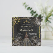 Elegant Goud en Zwart Rozen Prinses Quinceañera Kaart (Staand voorkant)