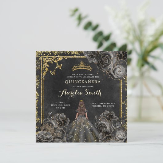 Elegant Goud en Zwart Rozen Prinses Quinceañera Kaart (Staand voorkant)