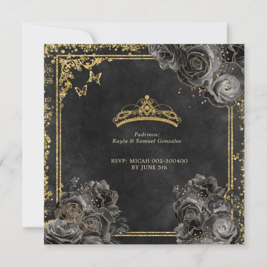 Elegant Goud en Zwart Rozen Prinses Quinceañera Kaart (Achterkant)