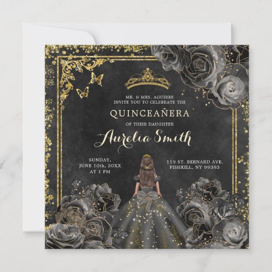 Elegant Goud en Zwart Rozen Prinses Quinceañera Kaart (Voorkant)