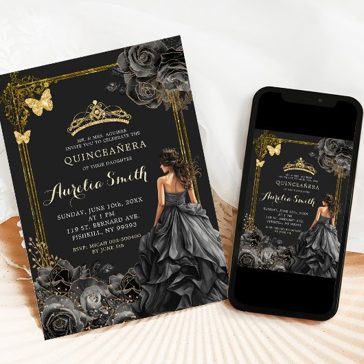 Elegant Goud en Zwart Rozen Prinses Quinceañera Kaart