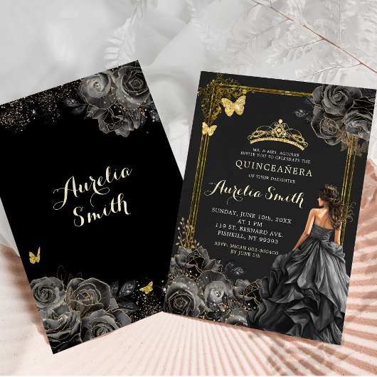 Elegant Goud en Zwart Rozen Prinses Quinceañera Kaart
