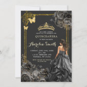 Elegant Goud en Zwart Rozen Prinses Quinceañera Kaart (Voorkant)