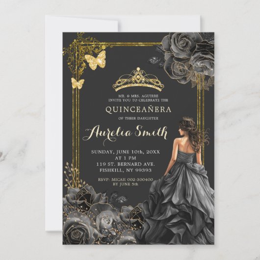 Elegant Goud en Zwart Rozen Prinses Quinceañera Kaart (Voorkant)