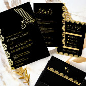 Elegant Goud en Zwart Sierlijk Islamitisch Bruilof Folie Uitnodiging