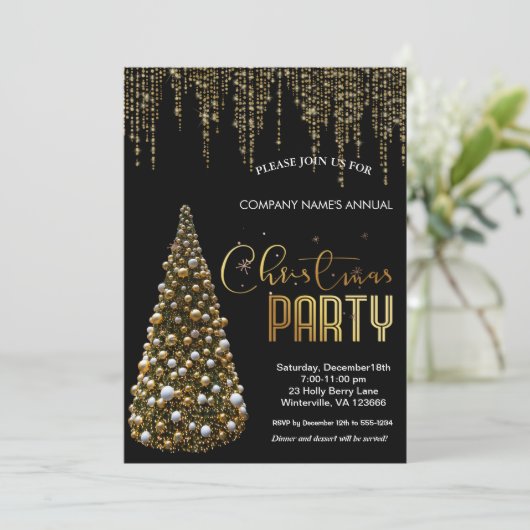Elegant goud feestelijke kerstboom Uitnodiging (Staand voorkant)