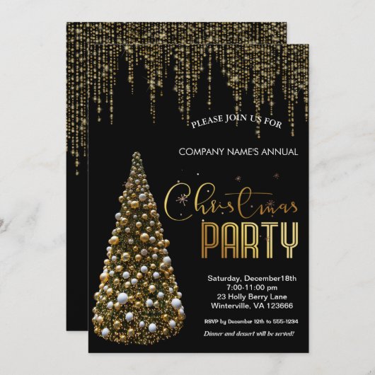 Elegant goud feestelijke kerstboom Uitnodiging (Voorkant / Achterkant)