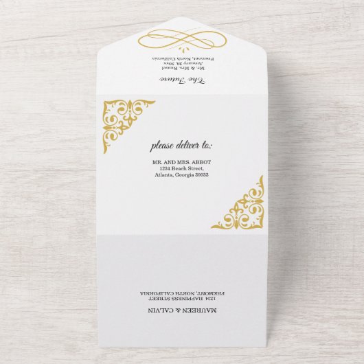 Elegant Goud Filigraan op Wit, Bruiloft All In One Uitnodiging (Buitenkant)