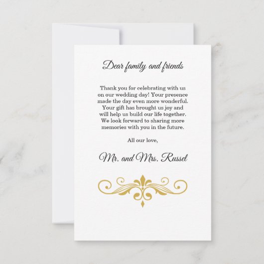 Elegant Goud Filigraan op Wit, Bruiloft Bedankkaart (Achterkant)