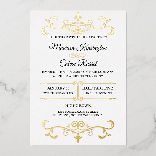 Elegant Goud Filigraan op Wit, Bruiloft Folie Uitnodiging (Voorkant)