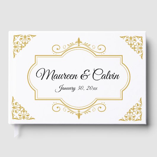 Elegant Goud Filigraan op Wit, Bruiloft Gastenboek (Voorkant)