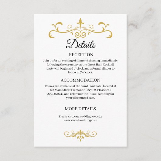 Elegant Goud Filigraan op Wit, Bruiloft Informatiekaartje (Voorkant)