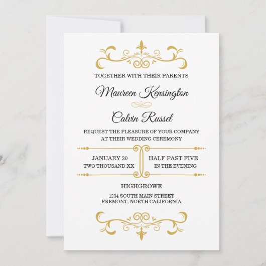 Elegant Goud Filigraan op Wit, Bruiloft Kaart (Voorkant)