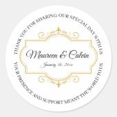 Elegant Goud Filigraan op Wit, Bruiloft Ronde Sticker (Voorkant)