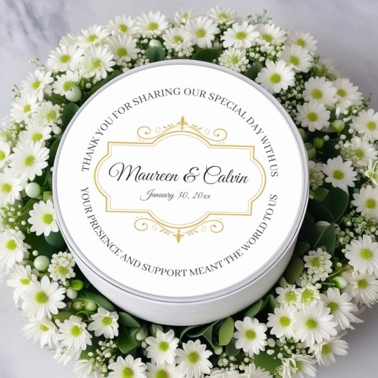 Elegant Goud Filigraan op Wit, Bruiloft Ronde Sticker