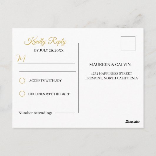 Elegant Goud Filigraan op Wit, Bruiloft RSVP Briefkaart (Achterkant)