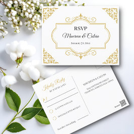 Elegant Goud Filigraan op Wit, Bruiloft RSVP Briefkaart
