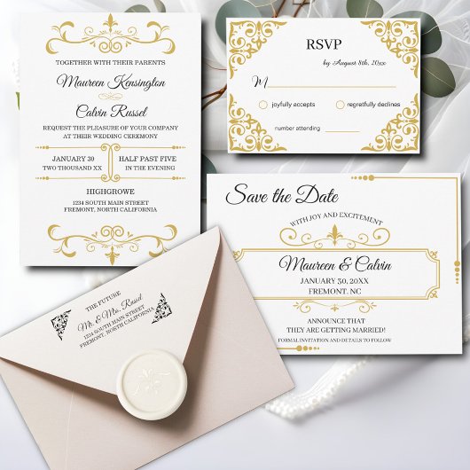 Elegant Goud Filigraan op Wit, Bruiloft RSVP Informatiekaartje