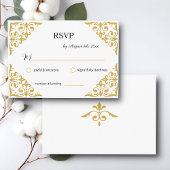 Elegant Goud Filigraan op Wit, Bruiloft RSVP Informatiekaartje