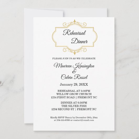 Elegant goud filigraan op wit, repetitie diner kaart (Voorkant)