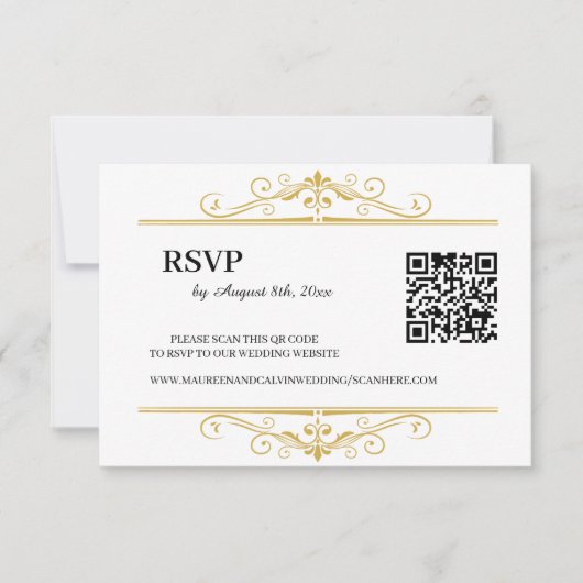 Elegant Goud Filigraan op Wit, RSVP QR Code (Voorkant)