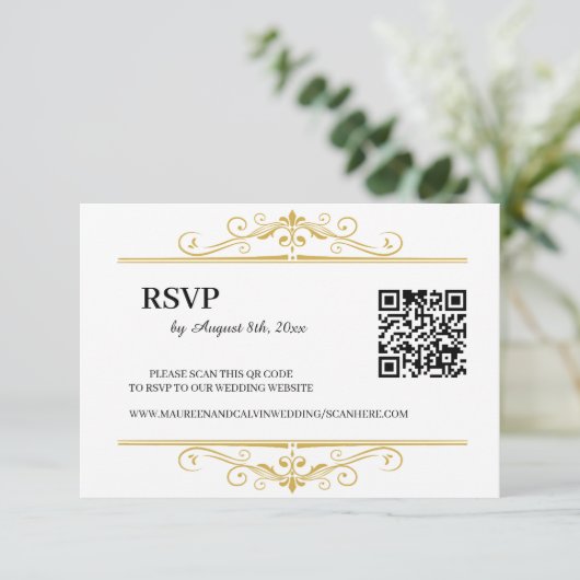 Elegant Goud Filigraan op Wit, RSVP QR Code (Staand voorkant)