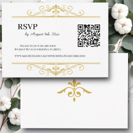 Elegant Goud Filigraan op Wit, RSVP QR Code Kaartje