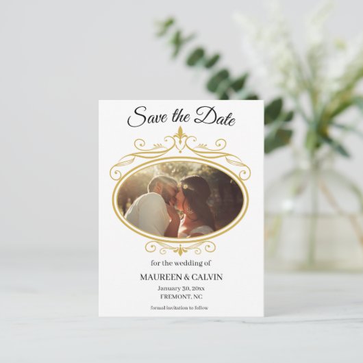 Elegant Goud Filigraan op Wit, Save the Date Briefkaart (Staand voorkant)