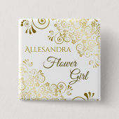 Elegant Goud Filigree Bloemenmeisje Bruiloft Naam  Vierkante Button 5,1 Cm (Voorkant)
