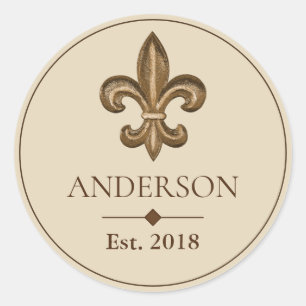 Elegant Goud Fleur de Lis & Familienaam Ronde Sticker