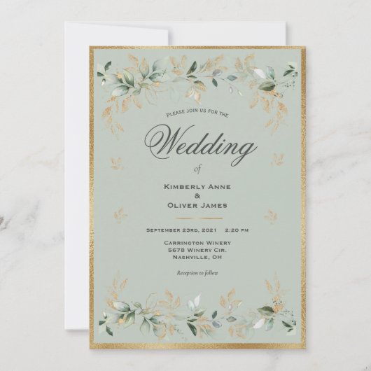 Elegant Goud Foilage Waterverf Sage Groen Script Kaart (Voorkant)