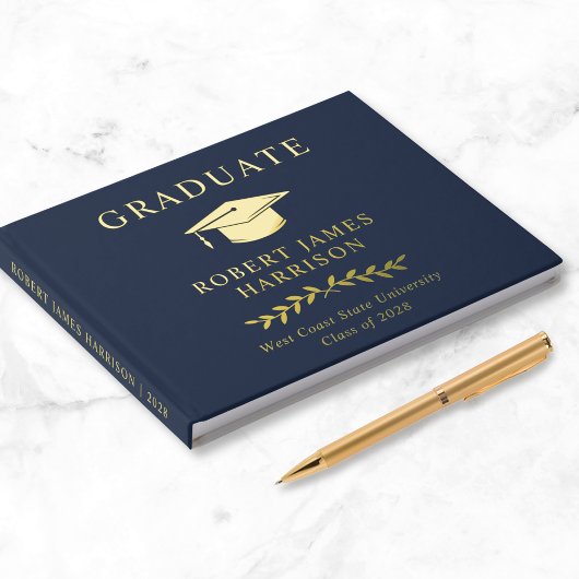 Elegant goud folie blauwe afstudeerfeest gastenboek