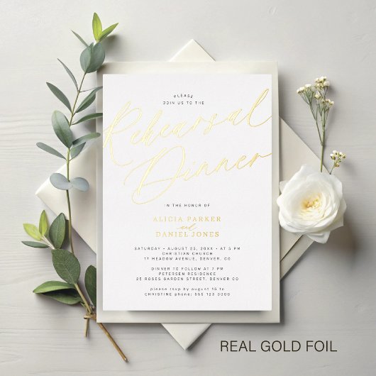 Elegant goud folie script huwelijksrepetitie diner uitnodiging