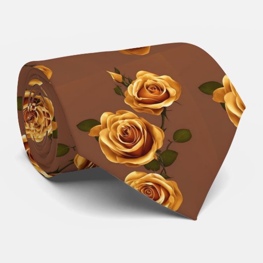 Elegant Goud Geel Bruin Rozen Bloemen Stropdas (Opgerold)