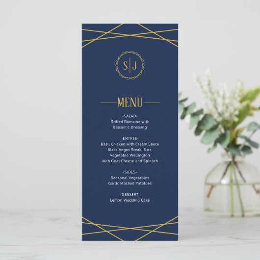 Elegant goud geometrisch | Donkerblauw Bruiloft Me Menu (Staand voorkant)