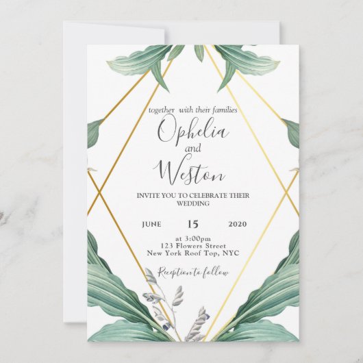 Elegant Goud Geometrisch Groen Bruiloft Kaart (Voorkant)